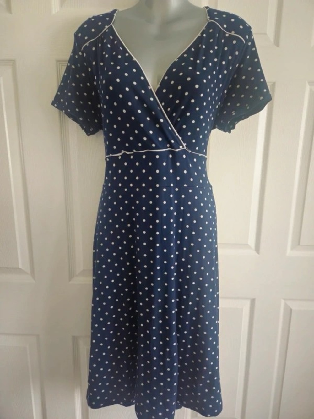 Polka Dot Navy Wrap-Style Midi Dress